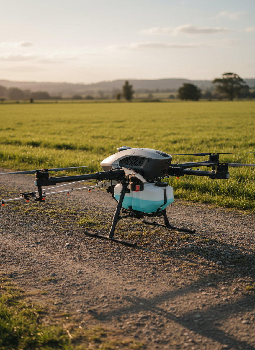 A close-up, side-on view of a high-tech agricultural spraying drone parked on a compacted farm track at the edge of a paddock, its arms extended and tanks filled with a pale-blue liquid. Beyond the track, the grass transitions from slightly worn near the ground entrance to visibly healthier and untouched further in, suggesting reduced machinery traffic. Soft golden hour sunlight grazes the drone’s aerodynamic shell and glints off its metal fittings, casting long shadows onto the gravel. Shot with photographic realism and a shallow depth of field, the drone dominates the foreground while the paddock and distant hills blur gently. The mood is professional and quietly confident, highlighting technology that protects crop health while minimising ground impact.