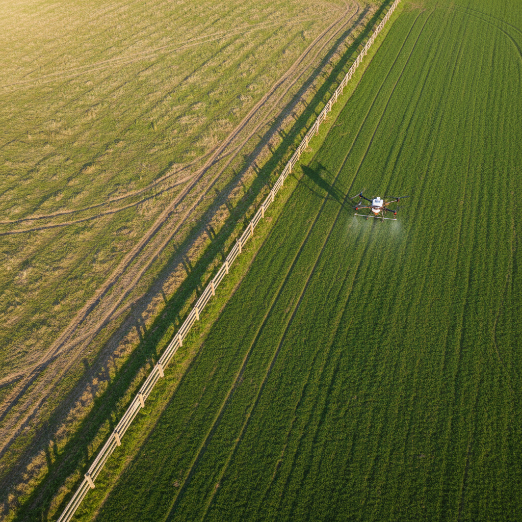 A meticulously detailed comparison scene showing two adjacent paddocks from a high, oblique aerial perspective. On the left, faint tractor wheel lines and patchy growth hint at compaction from heavy machinery. On the right, a smooth, undisturbed field exhibits uniform, vibrant green pasture treated exclusively by an agri drone, which is captured mid-flight along a precise GPS-guided line. Late-afternoon sunlight casts gentle, elongated shadows that reveal subtle soil structure and drainage contours. The image is rendered in crisp photographic realism with balanced, natural colours. The composition uses a strong central dividing fence line, clearly contrasting traditional methods versus drone-based application. The mood is analytical yet optimistic, underscoring improved crop health, reduced compaction, and enhanced accuracy with modern aerial solutions.