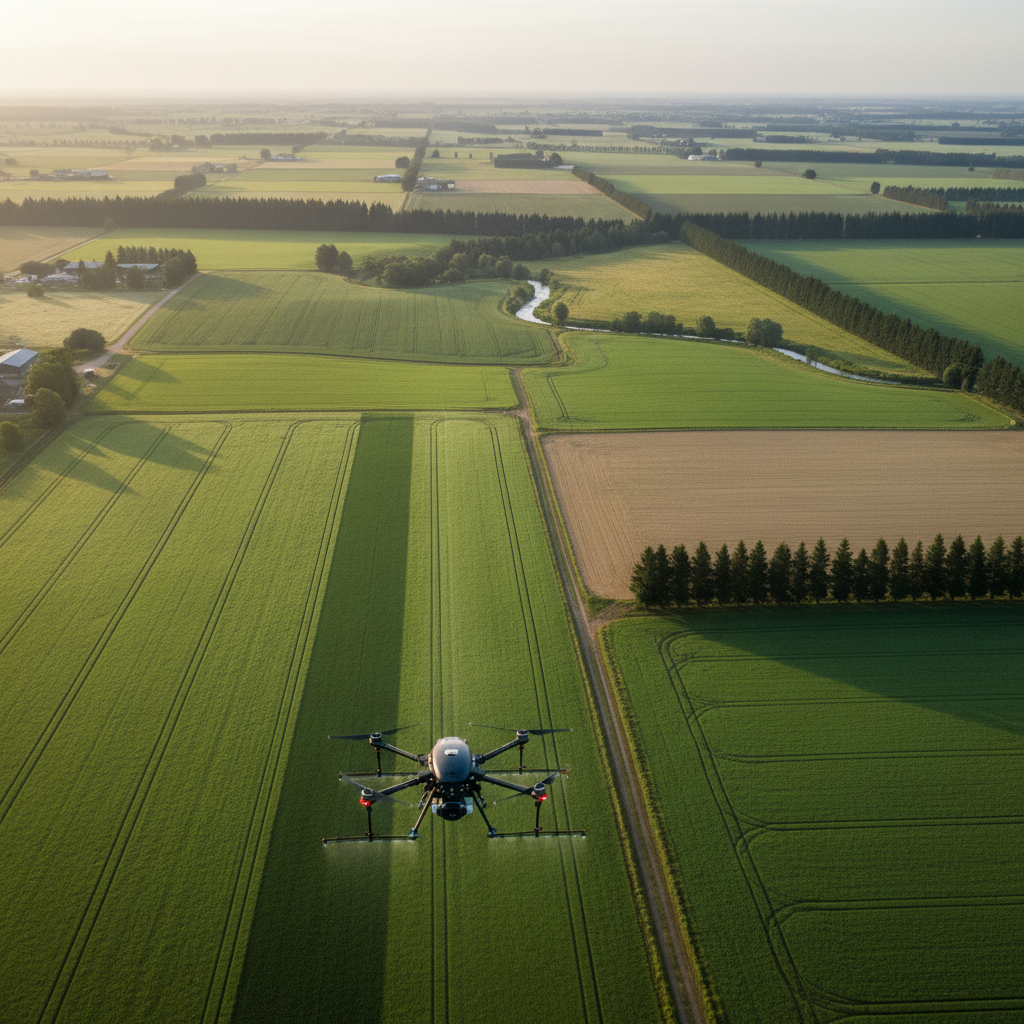 An expansive, panoramic view of a large mixed-crop farm seen from mid-altitude, with several rectangular fields in different stages of growth: bright green pasture, darker cereal crops, and a lighter newly seeded area. In the foreground, a single precision agri drone cruises along a perfectly straight flight path, leaving behind an evenly treated strip that appears slightly darker and more saturated. Early-morning, slightly hazy sunlight creates a soft, diffused glow over the landscape, with low-contrast shadows that emphasise gentle contours and drainage lines. Photographic realism with sharp focus throughout captures intricate details like farm tracks, shelterbelts, and a meandering stream. The mood is ordered, efficient, and forward-looking, visually reinforcing accurate product placement and whole-farm coverage with minimal environmental disturbance.