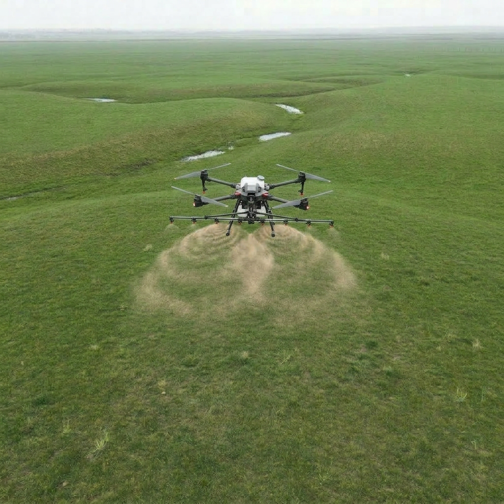 Drone spraying fertilizer or pesticide over green agricultural field
