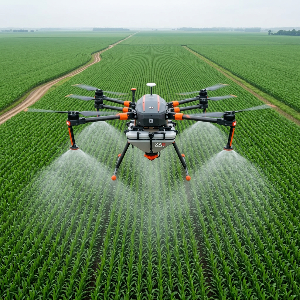 A powerful agricultural drone loaded with a granular spreader flies confidently over a saturated, muddy paddock riddled with deep ruts and puddles from previous heavy machinery passes. The drone’s body is a clean, high-contrast combination of matte black and bright safety orange, standing out against the subdued browns and greens below. Overcast, post-rain light provides a cool, even illumination, reflecting softly off the water-filled wheel tracks while keeping the drone sharply defined. Captured in realistic photographic style from a low, forward-facing angle, the composition emphasises the impassable ground and the drone’s ability to work regardless of wet conditions. The mood is resilient and solution-focused, highlighting the advantage of aerial application on difficult, damaged terrain.