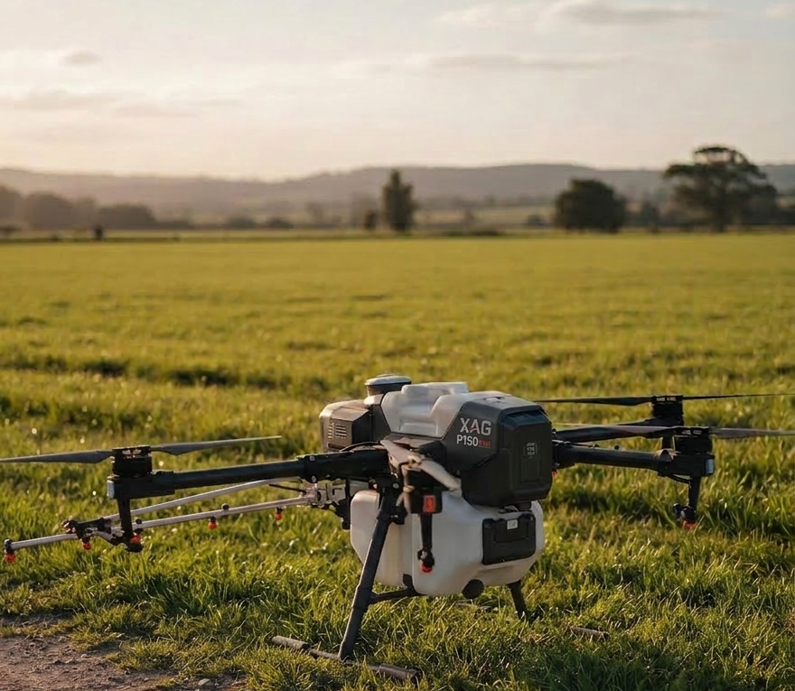 A close-up, side-on view of a high-tech agricultural spraying drone parked on a compacted farm track at the edge of a paddock, its arms extended and tanks filled with a pale-blue liquid.