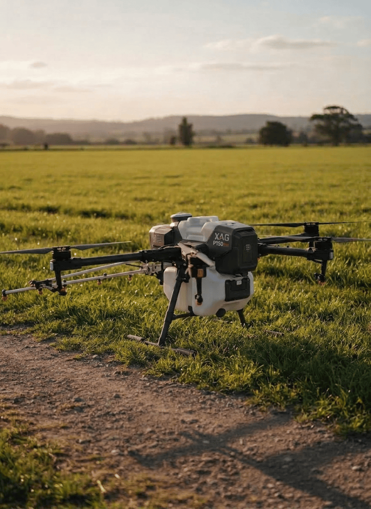 A close-up, side-on view of a high-tech agricultural spraying drone parked on a compacted farm track at the edge of a paddock