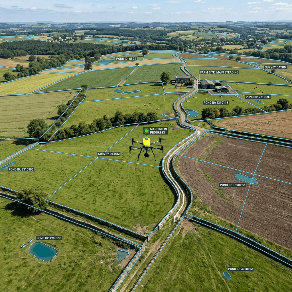 Drone surveying green and brown farmland with fields, trees, and farm buildings
